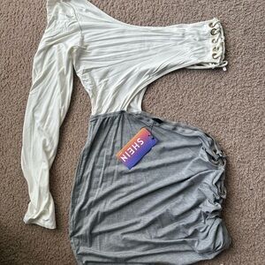 SHEIN White and Gray Off-Shoulder Dress with Lace-Up Detail